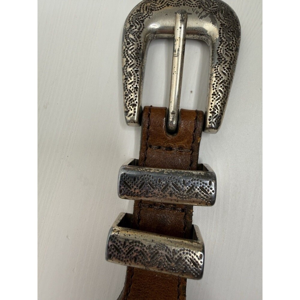 Vintage Tooled Leather Western Belt Silver Engraved Buckle Brown Size 40